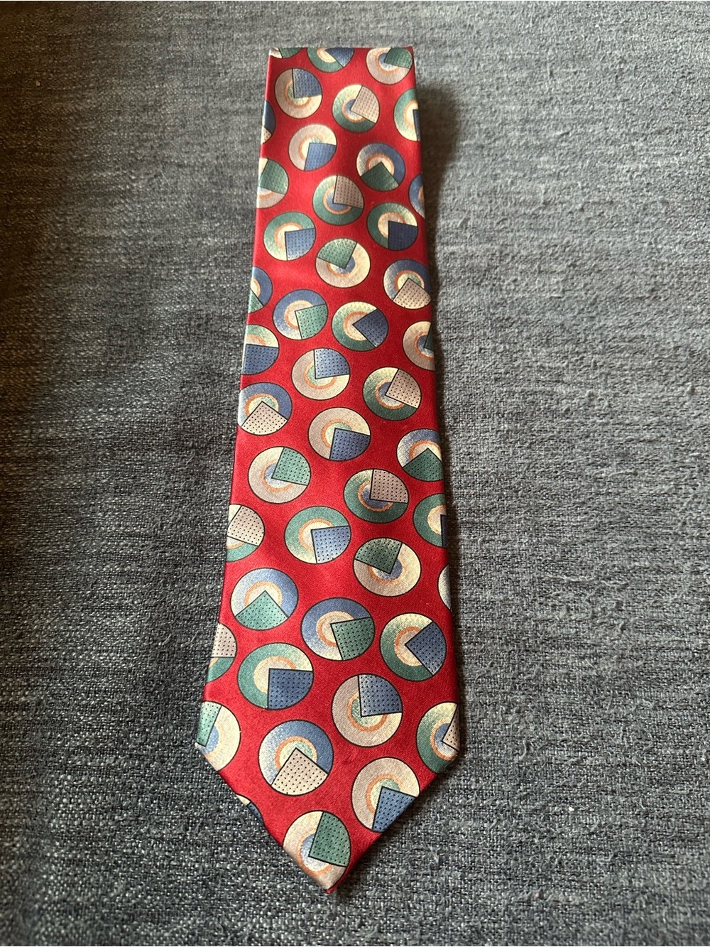 CHRISTIAN DIOR RED Silk Tie with Blue, Green and Cream Circular Motifs